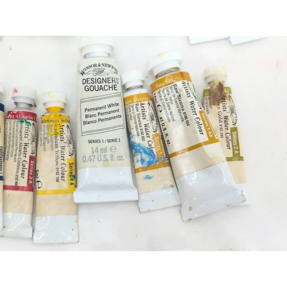 Used Lot of 32 Watercolor Paint  WINSOR NEWTON Grumbacher Cotman Brushes  Used